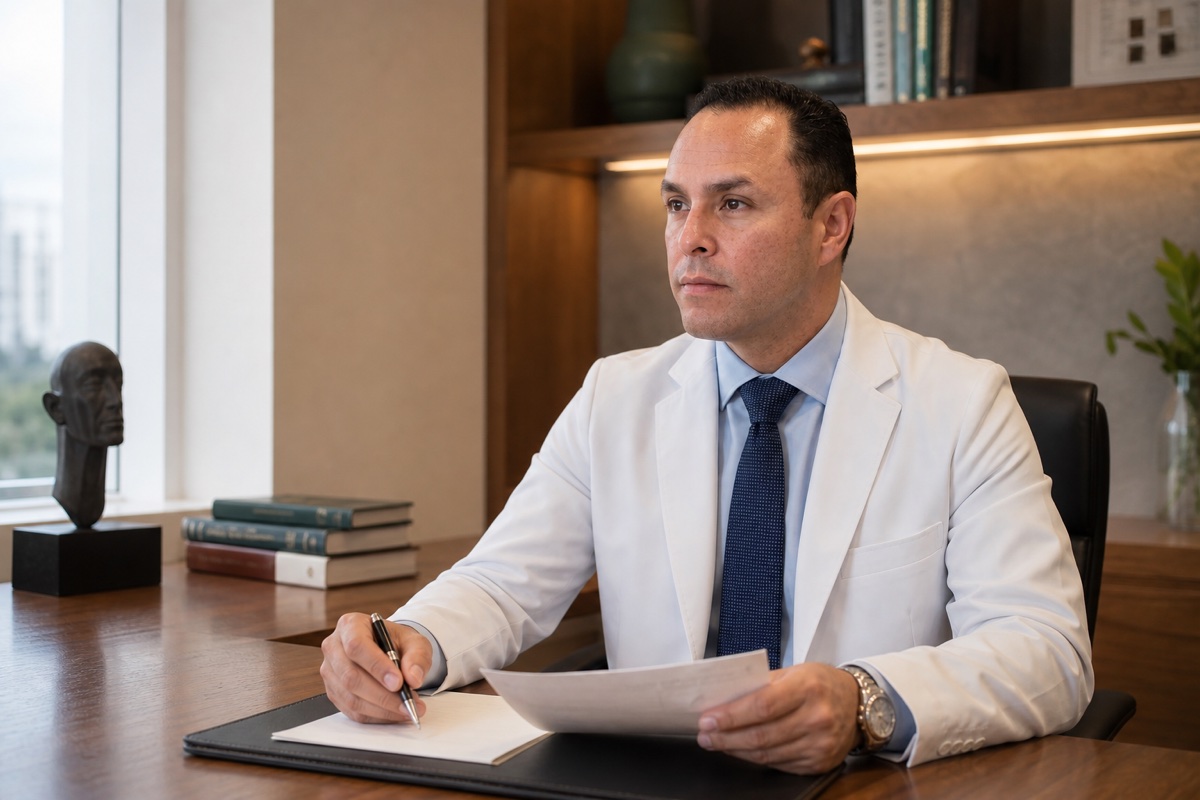 Dr. Guilherme Mendonça analisando documentos em seu consultório