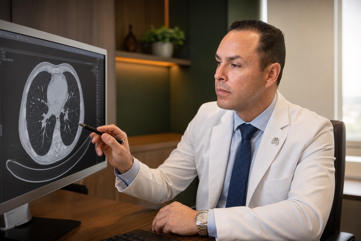 Dr. Guilherme Mendonça analisando uma tomografia do tórax