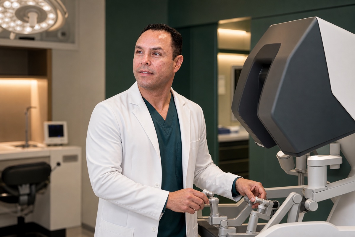 Dr. Guilherme Mendonça junto a uma plataforma de cirurgia robótica